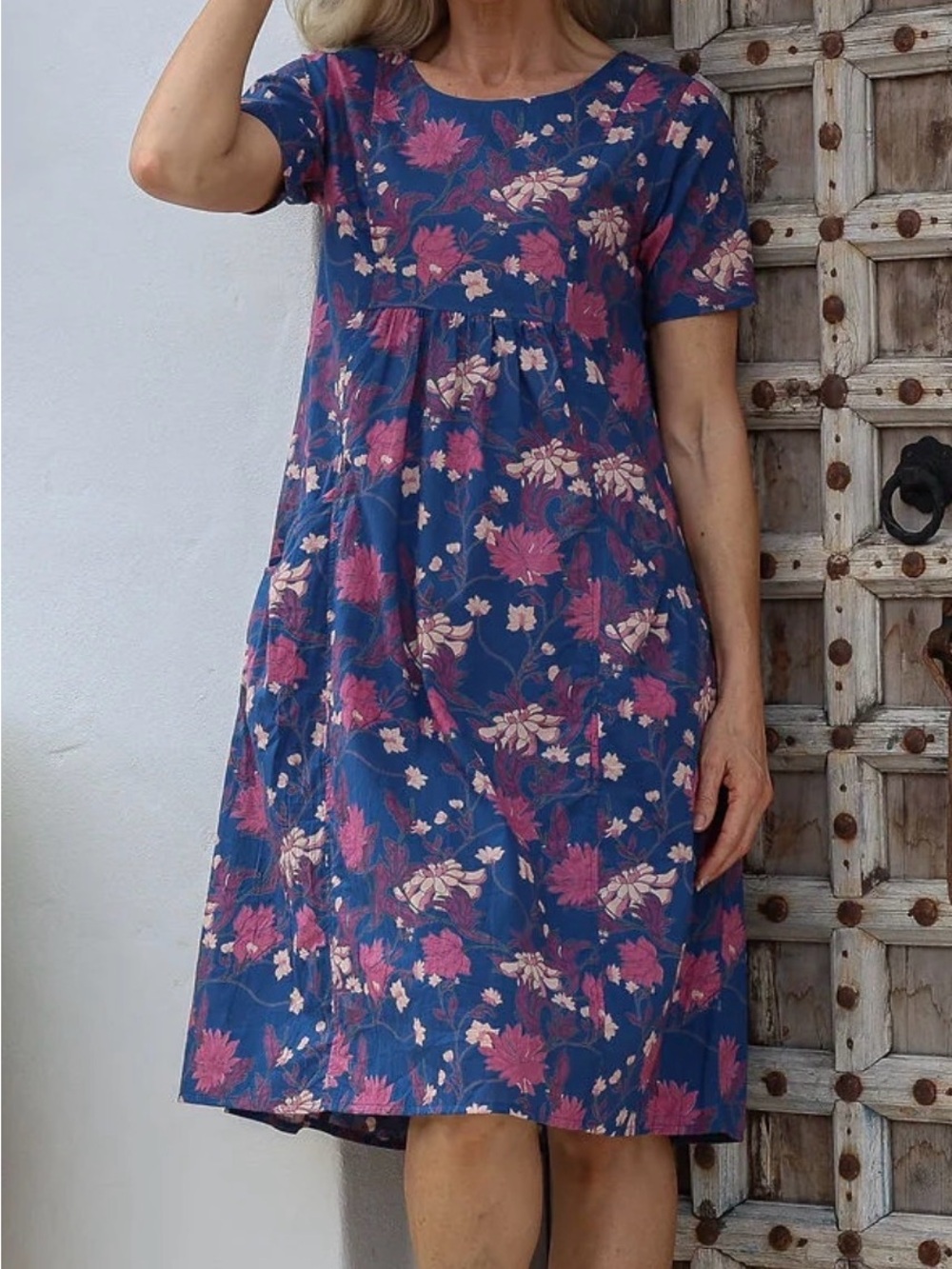 Women's Blue Floral Midi Dress with Pink Accents